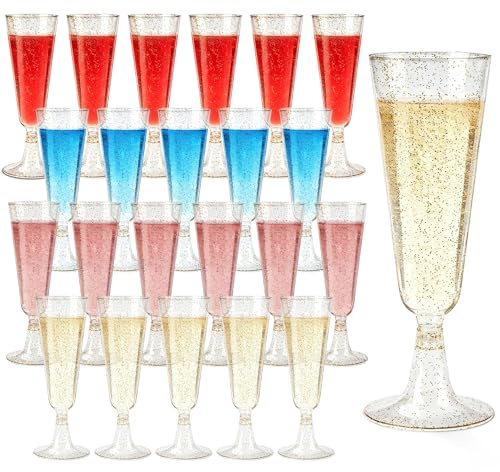 WYIPOLZI 50-Pack Gold Glitter Champagne Flutes, 150ml Plastic Disposable Champagne Glasses for Wedding, Party, Anniversary Celebration