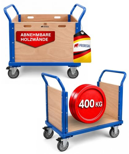 PROREGAL Profi Transportwagen Handwagen Materialwagen Plattformwagen mit abnehmbaren Holzwänden | HxBxT 102x113x60 cm | Traglast 400 kg | 2X Lenkrollen mit Feststellbremse & 2X Bockrollen | Lichtblau