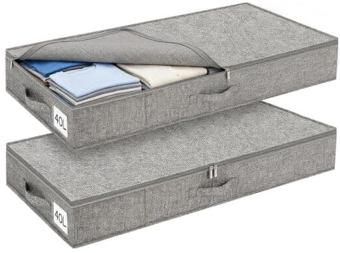 Under Bed Storage Box with Zipped Lids, 12cm Tall Underbed Storage Boxes | 2 Pack, Grey Foldable Fabric Sofa Storage Box for Bedding, Clothes, Shoes, Toys