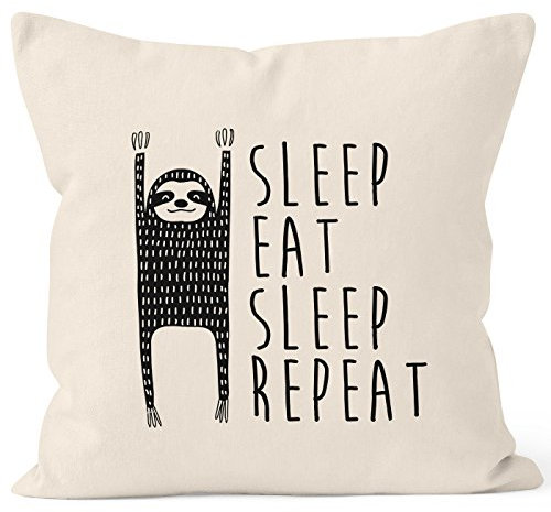 MoonWorks lustiger Kissenbezug Sleep eat Sleep Repeat Faultier Kissen-Hülle 40x40 Baumwolle Natur Unisize