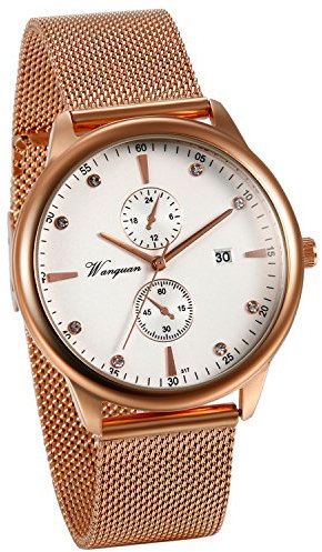 JewelryWe Montre Homme Commercial Quartz Faux Diamant Cadran Analogique Date Décoration Deux Petites Cadrans Maillon Bracelet Acier Inoxydable Alliage Fantaisie Couleur Rose Or avec Boîte Montre