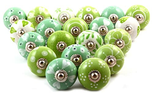 The Boho Street Handgefertigte Keramik-Mehrzweckknöpfe Keramik-Türgriffe im Set-Sortiment (Ceramic Knobs Pack of 20, Green & White)