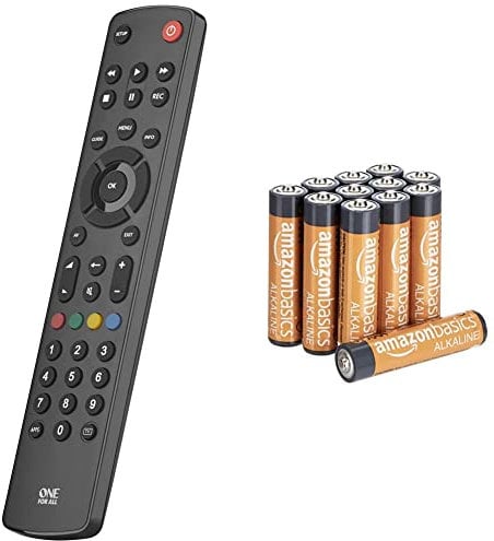 One For All Contour TV Universal Remote Control URC1210 – Ideal replacement for all types of TVs - With learning feature – Black & Amazon Basics AAA Performance Alkaline Batteries (12-Pack)