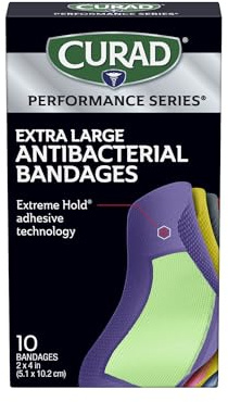 CURAD Performance Series IRONMAN Antibacterial Bandages, Extreme Hold Adhesive Technology, Extra Large Flexible Fabric Bandages for Cuts, Scrapes, & Burns, Assorted Colors, 2 x 4 inches, 10 Count