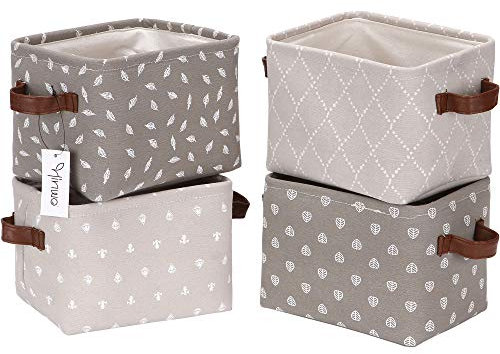 Hinwo 4L Mini Size Aufbewahrungsbox Korb zusammenklappbarer quadratischer Denim Stoff Aufbewahrungsbox Container mit PU Ledergriffen für Regale & Schreibtische, 4er Set, 7,9 x 6,3 x 5,5 Zoll, Grau