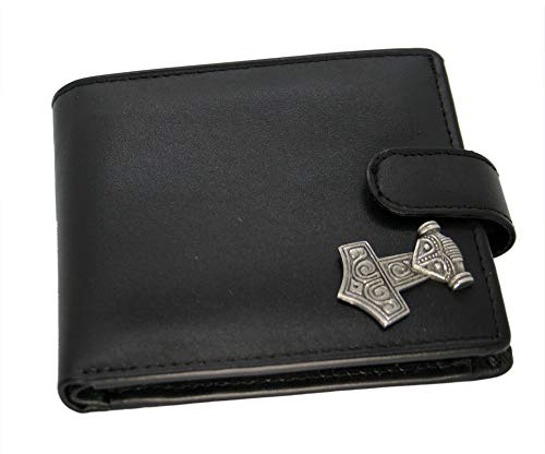 Giftsearch Genuine Black Leather Wallet with a Pewter Thors Hammer Viking Emblem