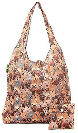 ECO CHIC Lightweight Foldable Reusable Shopping Bag | Water Resistant Shopping Tote Bag | Folds Into Attached Pouch for Storage | Made from Recycled Plastic Bottles (Stacking Dogs Beige)