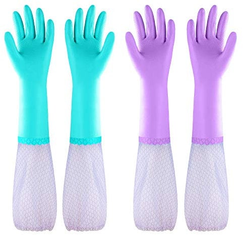 Eygood Gants de Vaisselle Sans Latex, Gants de Ménage à Manche Longue avec Doublure en Coton, Gants de Nettoyage de Cuisine (1 Pack de 2 Paires Bleu + Violet) (Grande)