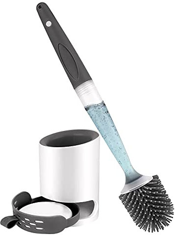 Brosse WC Silicone avec Distributeur de Savon, Montage Mural/Debout sans Perçage Brosse de Nettoyage avec Support pour Salle de Bain