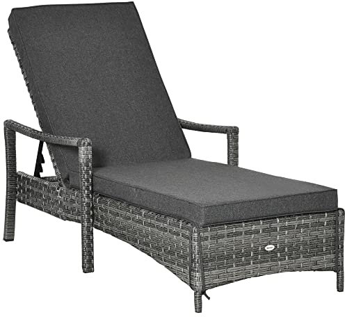 Outsunny Sonnenliege Polyrattan Gartenliege Rattanliege Gartenmöbel Liege mit Polsterauflage 4 Stufen verstellbar Grau 192 x 62,5 x 52,5 cm