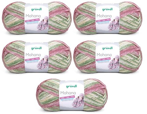 Gründl Wolle Mohanna Strick- und Häkelgarn aus 90% Polyacryl, 10% Mohair, 5 x 100 g, dicke Wolle, grün-rosè-pink