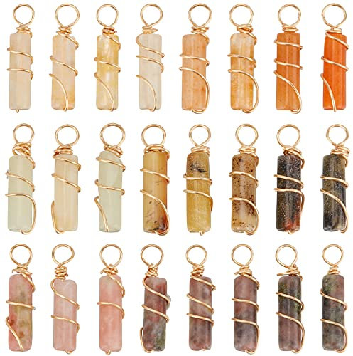 FINGERINSPIRE 24 Stück 3 Stile Naturstein Anhänger Real 18K Gold Plated Wire Wrapped Anhänger Jade & Plum Blossom Jade Column Anhänger ohne Kette Heilung Steine Anhänger für Schmuck Machen