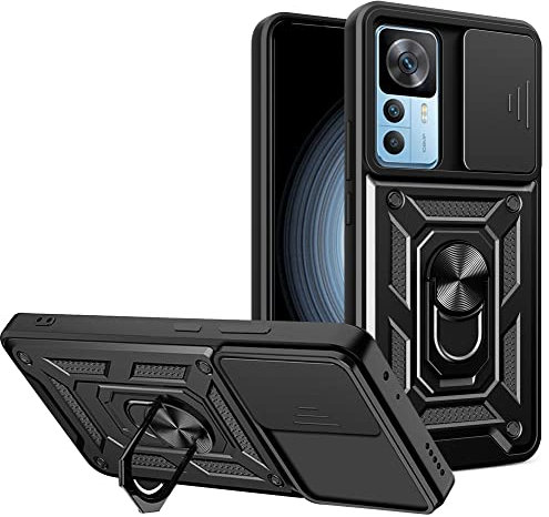 ESTH® Hülle für Xiaomi 12T Pro/Xiaomi 12T mit Slide Camera Cover [Kameraschutz] [Ring Ständer] [Case Kompatibel Mit Magnetischer Autohalterung] Stoßfeste Handyhülle, Schwarz