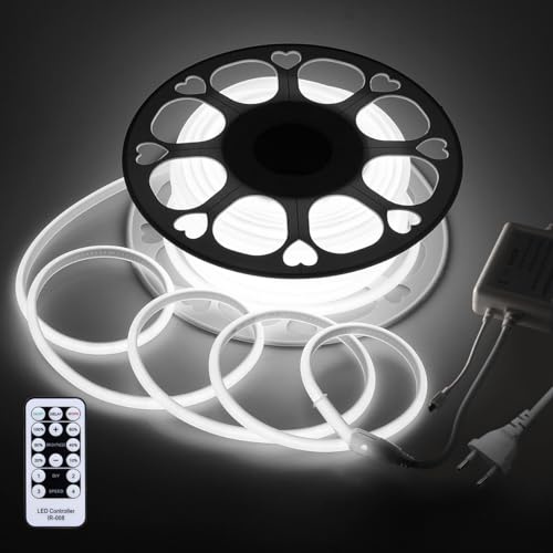 Aclorol 220V COB LED Streifen 20m kaltweiß 6000K CRI85 Dimmbar mit Fernbedienung Flexibel LED Leiste Aussenbereich Wasserdicht IP67 Hohe Dichte für Terrasse, Kommerzielle Gebäude 288leds/m
