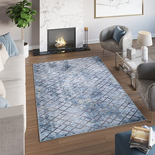TAPISO Toscana Teppich Bedruckter Teppich Blau Gold Quadrate Gitter Waschbar rutschfest Wohnzimmer Schlafzimmer Büro Modern Design 140 x 200 cm