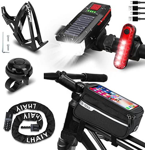 JSHNE 6 en 1 Accesorios Bicicletas Incluyendo Luces Bicicleta Delantera y Trasera, Bolsa Bicicleta, Candado de Cable, Portabidones Ciclismo, de Bicicleta para Bici Carretera Montaña