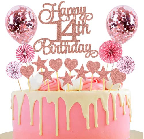 Tortendeko 14. Geburtstag Rosegold für Junge und Mädchen - Happy Birthday 14 Glitter Cake Topper - Kuchendeko 14 Jahre - Happy 14th Birthday Kuchen Deko