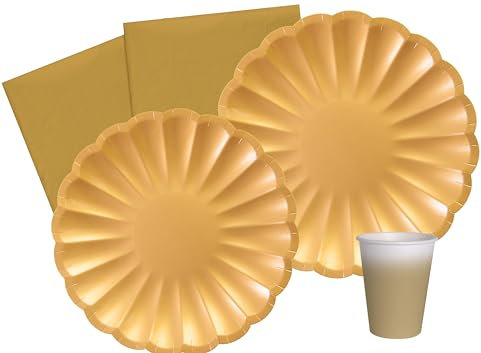 Ciao Kit Vajilla de Fiesta Flower Shape para 8 personas (44 pcs: 8 platos Ø23cm, 8 platos Ø18cm, 8 vasos 250ml, 20 servilletas 33x33cm) de papel compostable eco-friendly, oro