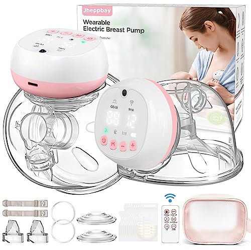 Jheppbay Double Wearable Breast Pumps, 12 Levels & 3 Modes Electric Pumps Leak-Proof with Remote Control LCD Display BPA-Free Wireless Painless Milk Pump Hands-Free, 2PCS, Pink, 0.74 kilograms
