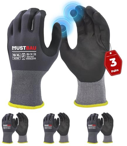 Mustbau Arbeitshandschuhe Schwarz mit Touchscreen, Arbeitshandschuhe Herren mit Nitril Beschichtung für Montagearbeit,Mechaniker, Gartenarbeit und Bauarbeiten, Gr. XL, 3 Paare