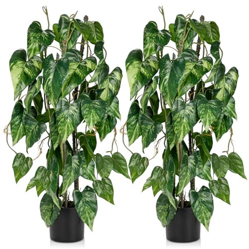 2pcs Fake Plants 76cm Artificial Plants Indoor in Black Pots Decorative Faux Pothos Plant Potted Large Floor Plant Tree Artificial Golden Devil's Ivy Vine Plant for Office Home Bathroom Outdoor Decor