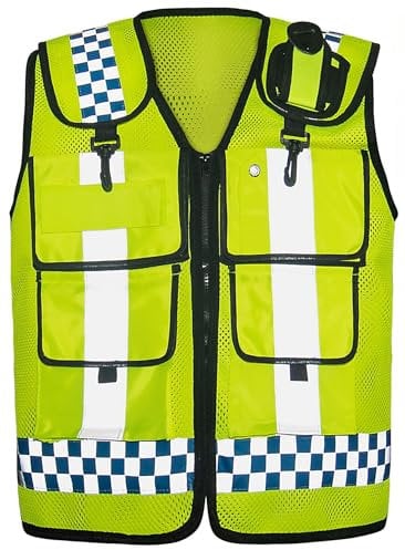 Hi Vis Vest with Multi-pockets, Durable High Visibility Waistcoat for Motorbike, Adjustable Hi-viz Jacket Police Vest w/Checkered Reflective Strip, Front Zip, Thick Mesh Material, Detachable Badges