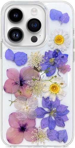 Abbery Handyhülle für iPhone 15 Pro Hülle Durchsichtig Mit Echte Getrocknete Violett Lila Blumen Motiv Muster Silikon Frauen Mädchen Stoßfeste Anti-Kratzer Schutzhülle Cover