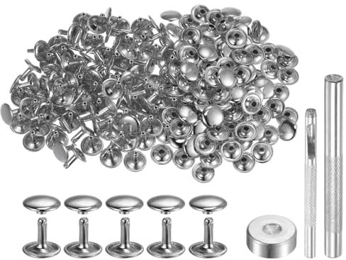 QUARKZMAN 100 Juego Cuero Remache 12 x 12mm de Metal con Doble Tapa Broches de Presión Remaches de Sujetador con 3 Herramientas de Instalación para Cuero Manualidad Tono Plateado