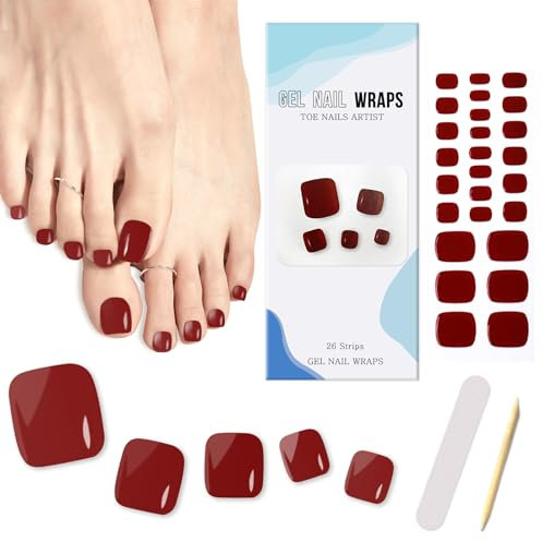 Ceboic 26PCS Autocollants Auto-adhésifs pour Ongles en Gel Semi-durci, Bandes de Vernis Français, Pedi Wraps Décorations Manucure pour Pieds (Vin Rouge)