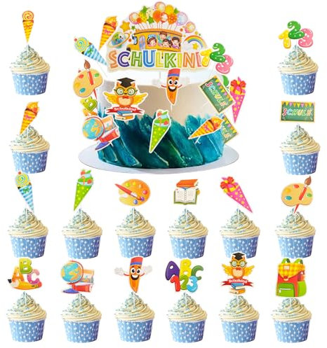 Tortendeko Einschulung 38 Stück SCHULKIND Tortendeko Zuckertüte Kuchendeko Schulanfang ABC 123 Cake Topper Einschulung Tortenaufleger Schultüte Cupcake Topper für Schulanfangparty Mädchen Junge