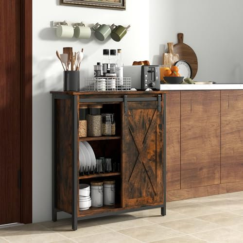 GOPLUS Meuble de Rangement de Cuisine à Porte Coulissante, Buffet de Cuisine avec 4 Etagères Réglables, Kits Anti-basculement, Style Rustique pour Salon, Salle à Manger, Entrée, 70x30x81cm