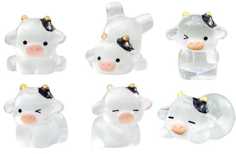Qinlenyan Juego de 6 figuras de decoración de vaca para exteriores, mini figuras lácteas de resina, adorno de ganado que brilla en la oscuridad, juguete en miniatura para hada, 6 piezas