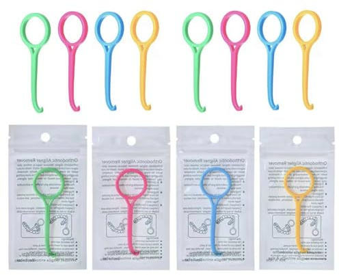 8 Pieces Aligner Removal Tool Retainer Remover Tool Kits Invisible Chew and Remover Tool Invisible Aligner Braces Remover Hook for Tooth Cleaning Oral Care (Individual Packs-Blue+Yellow+Green+Pink)