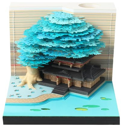 3D Notizblock, Tischkalender 2025 mit LED und Stifthalter, 3D Kalender, 3D Notizblock Baum Wochenkalender Tagesabreißkalender, Schreibtisch Deko (blauer Baum mit LED)