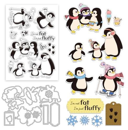 GLOBLELAND Klarsichtstempel Metall-Stanzschablone Set Pinguin Schneeflocke Dessert für Scrapbooking Kartengestaltung