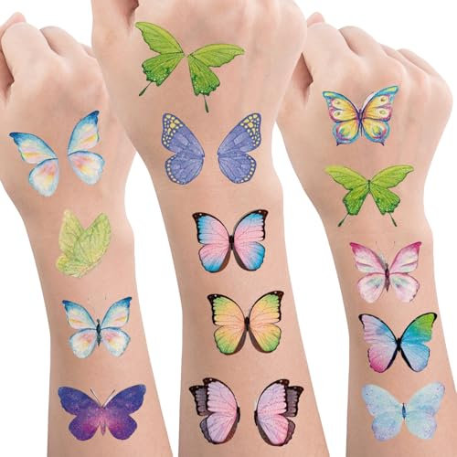 BelleVive 10 Blätter Glitzer Schmetterling Make-Up Temporäre Tattoos, Bunte Schmetterlinge Flügel Gefälschte Tattoo Aufkleber Wasserfest für Make-Up Geburtstag Party Gastgeschenke