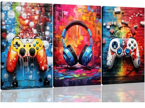TANWYTQFAEH Framed Gaming Posters Wall Art Decor Watercolor Colorful Neon Gamepad Canvas Painting Pictures Prints for Boys Room Kids Cool Game Bedroom for Boys Decoration (color A, 30x40 cm, Framed)
