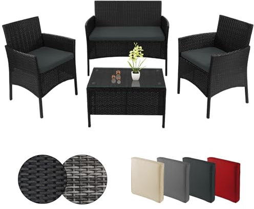 BB Sport Poly Rattan Sitzgruppe 4 Personen Tisch 2 Stühle Sitzbank 5cm Dicke Sitzpolster Balkonmöbel Set Sitzgarnitur Balkon Terrasse Garten Outdoor, Farbe:Titan-Schwarz/Nachtschwärmergrau