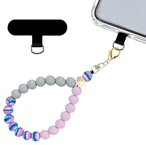 Mezrkuwr Silikonperlen-Handgelenkschlaufe, Handy-Lanyard mit Handy Lanyard Pads, elastisches Freihand-Armband, handy kette, handy strap, für die Meisten Smartphones, Lila