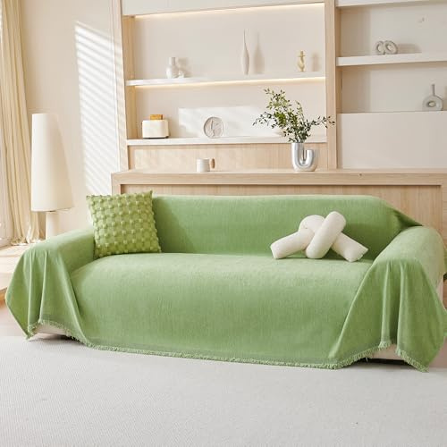 VANJOROY Sofaüberwurf aus 100 % Chenille, für 2- und 3-Sitzer, extra große Überwürfe für Sofas, natürlicher, luxuriöser weicher Überwurf für Stuhl, Couch und Bett, Salbeigrün, 180 x 300 cm