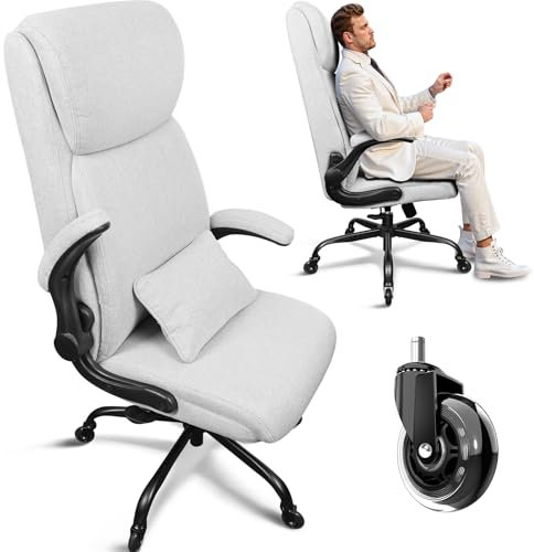 BASETBL Office Chair for Tall People - High Back with 3 Angles Tilt Lock, Ergonomic Independent Lumbar, Flip-Up Armrests, Rubber Casters - Executive Computer Desk Chairs Grey Fabric for Home/Business