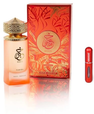 Perfume Khair Fusion Eau de Parfum 100 ml – Perfume Árabe Unisex de Larga Duración, Incluye Atomizador Recargable 5ML, Fragancia Floral Frutal con Notas de Lichi, Manzana y Vainilla (Fusion)