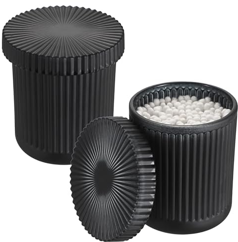 OGANAZI 2er Schwarz Glas Wattepadspender Wattestäbchen Behälter mit Deckel | Rund Schminktisch Organizer Wasserdicht Aufbewahrungsboxen für Ohrstäbchen, Wattebällchen, Zahnseide, Haargummi, Badesalz