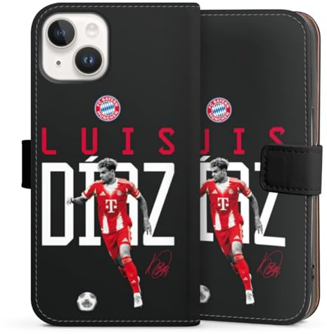 Klapphülle kompatibel mit Apple iPhone 14 Handyhülle aus Kunst Leder schwarz Flip Case FC Bayern München Luis Diaz Offizielles Lizenzprodukt