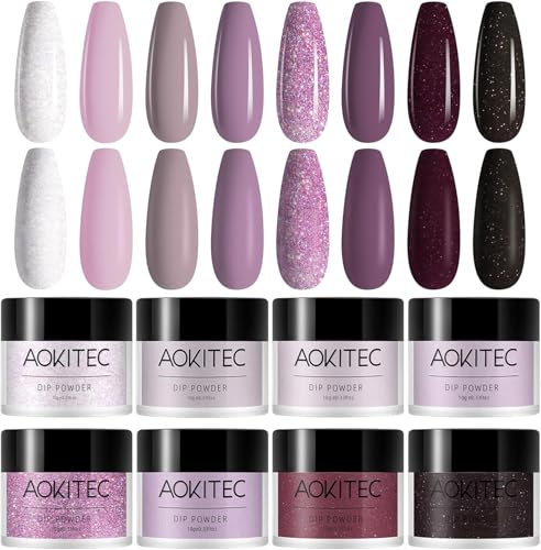 Aokitec 8 Colours Dip Powder Set, Dipping Acrylic Powder Pro Collection System Nail Art Starter Manicure Salon DIY at Home, Odor-Free&Long-Lasting, No Needed Nail Lamp Curing, Women Gift