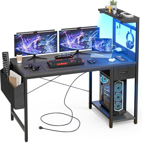 Grandder Bureau Gaming Réversible, 120x50 cm Bureau d'angle en L avec Port de Charge USB et Prise de Courant, Table Ordinateur avec Support d'écran pour Chambre Domicile Maison Noir