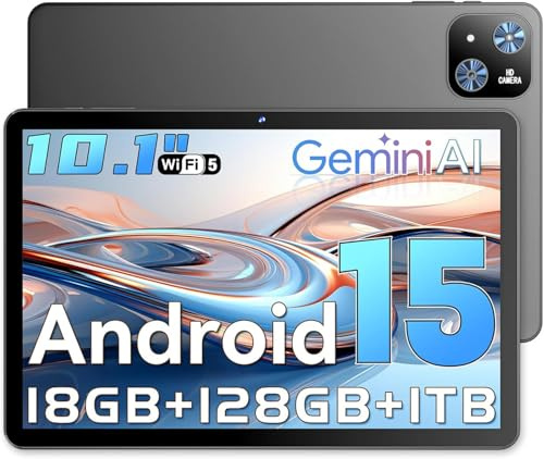 Tablet 10 Inch Android 15 Tablet PC Gemini AI 18GB RAM 128GB ROM Expandable to 1TB Octa-Core Processor 1280x800 HD IPS Touch Screen 6000mAh Battery Widevine L1 5G WiFi BT 5.0 5MP+8MP Dual Camera