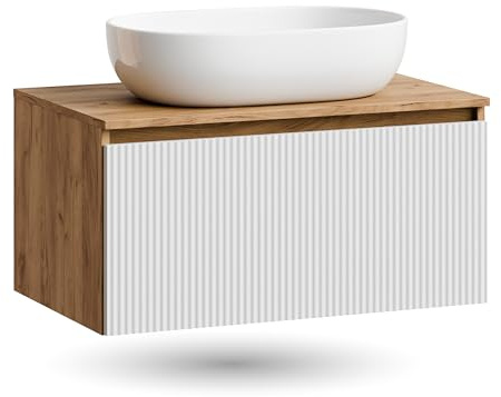 Planetmöbel Arisa Badmöbel Set Waschtisch 80 cm Gold Eiche weiß (geriffelt), Waschbecken 60 cm weiß, inkl. Raumsparsiphon