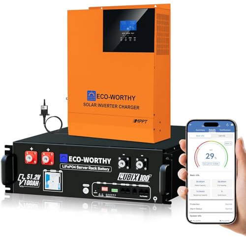 ECO-WORTHY LiFePO4 48V 100Ah Bluetooth 5.12kWh con Inverter Ibrido 5000W, Batteria per Armadio Server da 3U con Supporto CAN e RS485 per Impianto Fotovoltaico, Kit Completo di Impianto Solare