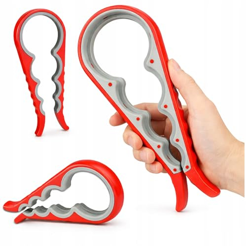 KRUMAD Deckelöffner, Schraubglasöffner, Flaschenöffner, Glasöffner, Küchen | 20,5 x 8 cm, 4 Verschiedene Durchmesser, Universal, mit rutschfestem Griff, Ergonomischer, Kunststoff (PP + PVC), Rot-Grau